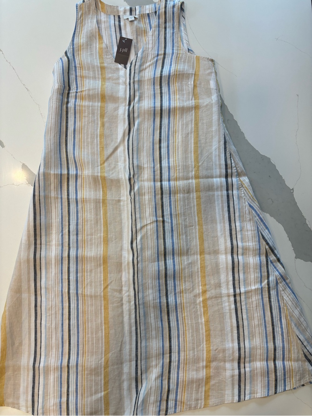 J. Jill Linen Striped A-Line Maxi Dress in White, Blue, Gray & Yellow… NWT
